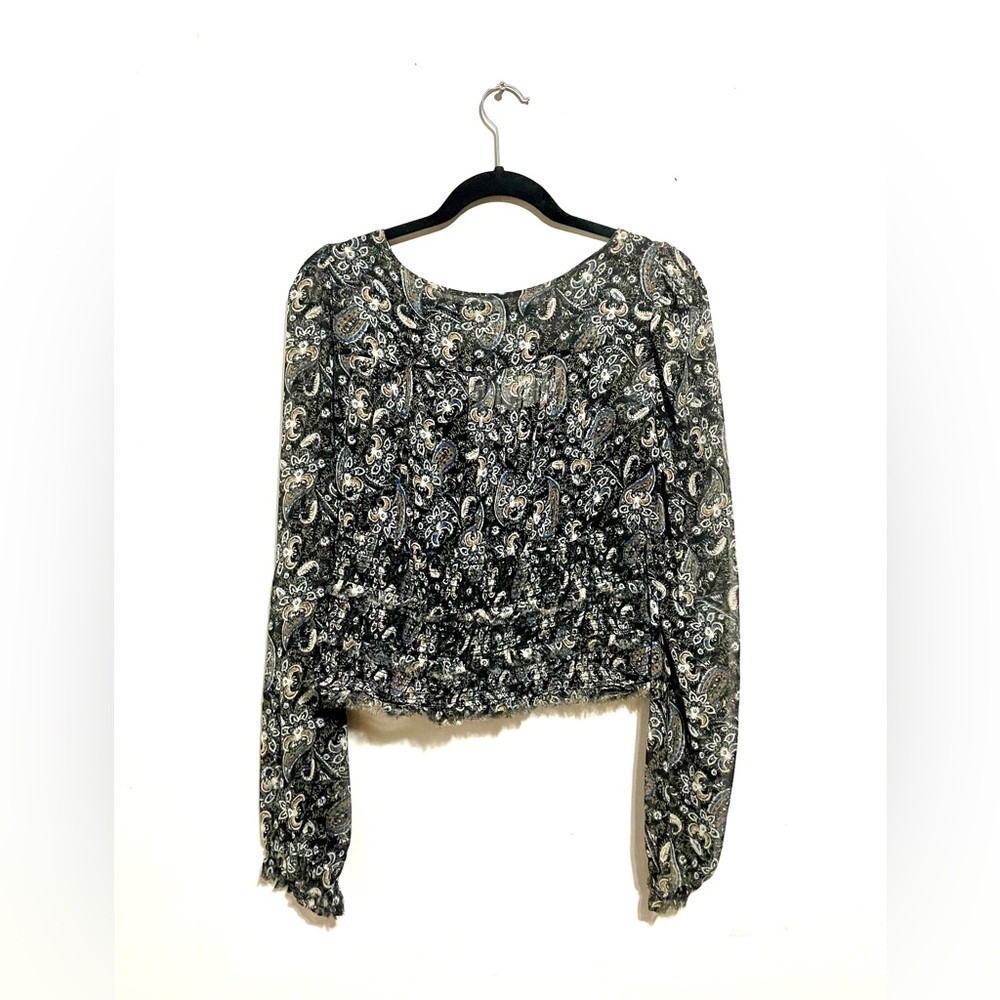 FREE PEOPLE LOLITA PEASANT BLOUSE BOHO CROP TOP PAISLEY FRAYED‎ TRIM SIZE L - Picture 10 of 10